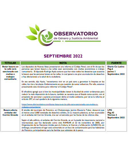  Monitoreo Genero y Justicia Ambiental septiembre 2022