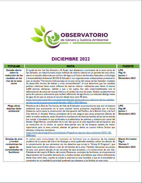 Monitoreo Genero y Justicia Ambiental Diciembre 2022