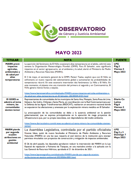 Monitoreo Genero y Justicia Ambiental Mayo 2023