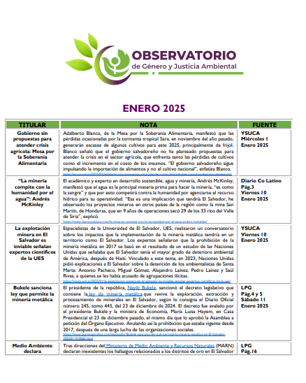 Lee más sobre el artículo Monitoreo Genero y Justicia Ambiental Enero 2025