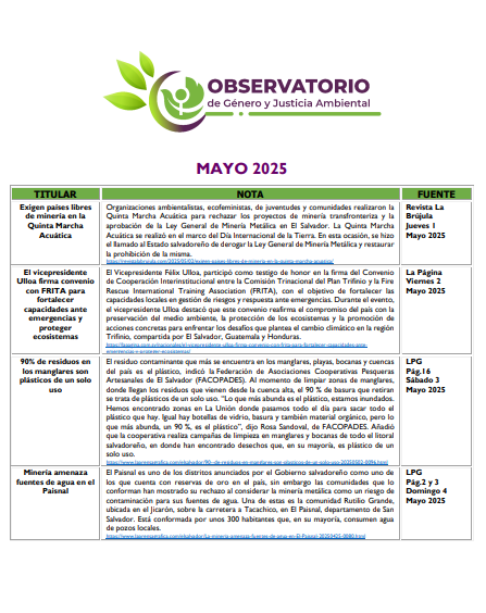 Lee más sobre el artículo Monitoreo Genero y Justicia Ambiental Mayo 2025