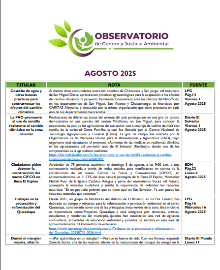 Monitoreo Genero y Justicia Ambiental Agosto 2025