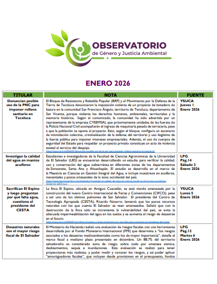 Lee más sobre el artículo Monitoreo Genero y Justicia Ambiental Enero 2026