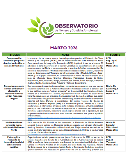 Lee más sobre el artículo Monitoreo Genero y Justicia Ambiental Marzo 2026