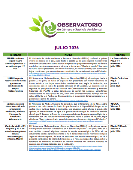 Lee más sobre el artículo Monitoreo Genero y Justicia Ambiental Julio 2026